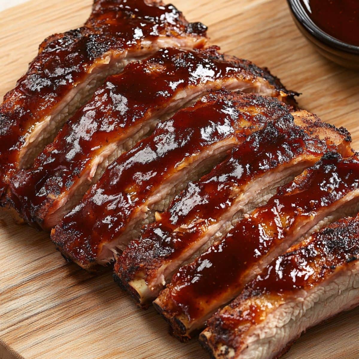 Sliced baby back ribs in a wooden board.