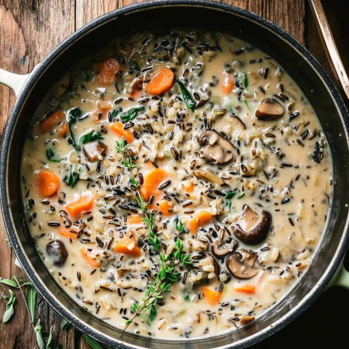 Wild rice and mushroom soup with chopped veggies and herbs served in a black bowl.