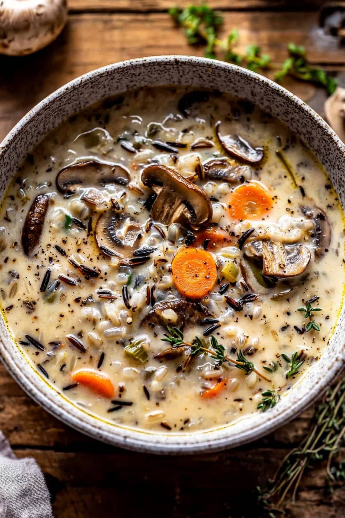 Wild rice and mushroom soup with creamy sauce served in a bowl sitting on a wooden table.