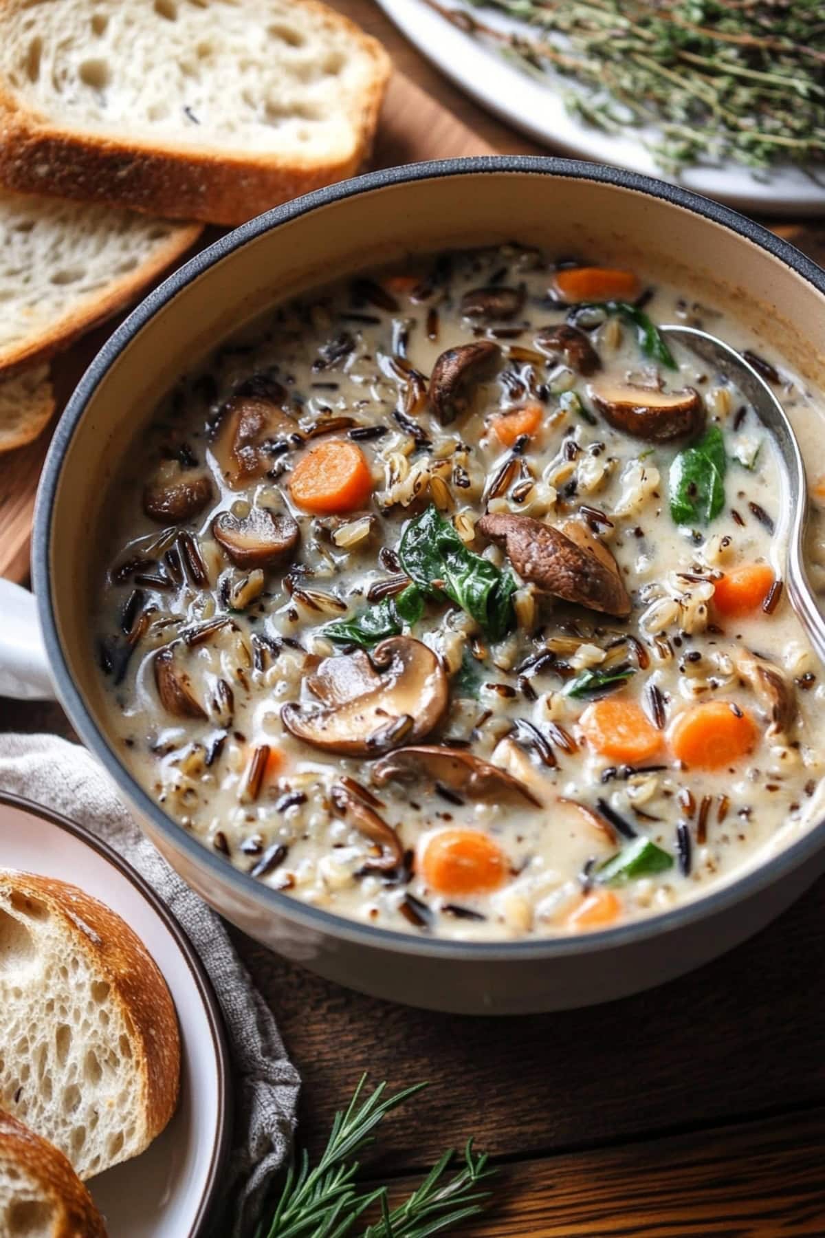 Creamy wild rice mushroom soup served in bowls sitting on a wooden table.