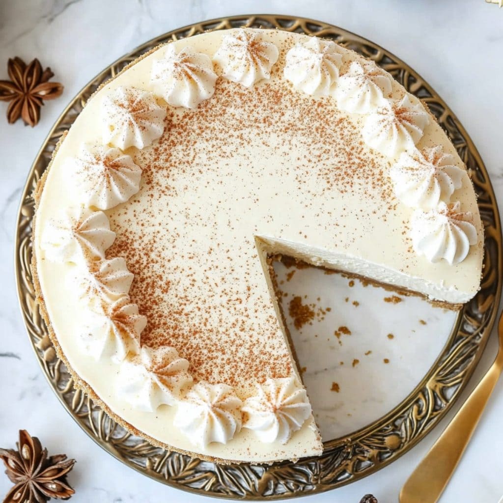 Eggnog cheesecake on a plate with a slice removed, top view. 